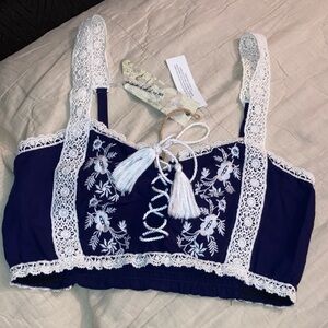 Gimmicks by BKE Navy and White Embroidered Crop Top